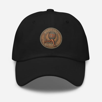 Black fitted hat  with "Bacchus Runner " text o