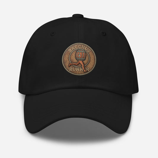 Black fitted hat  with "Bacchus Runner " text o