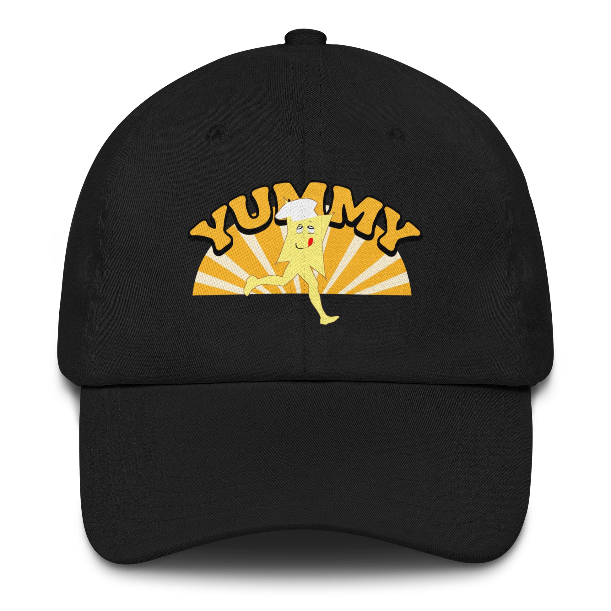Black cap with the cartoon character YUMMY RUNNER and 'Yummy' text with golden rays