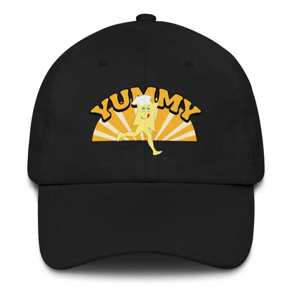 Black cap with the cartoon character YUMMY RUNNER and 'Yummy' text with golden rays