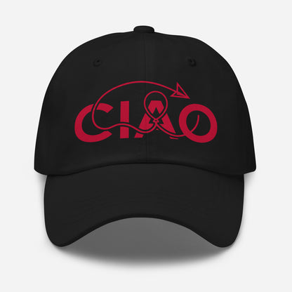 A black baseball cap featuring a red graphic on the front that reads 'CIAO' with a ribbon and lightbulb motif