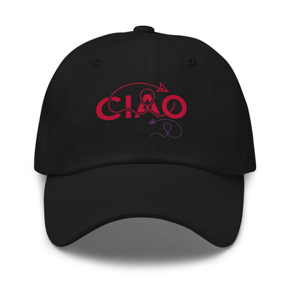 Black dad hat with red text CIAO and purple line for BYE.CIAOBYEthe movement