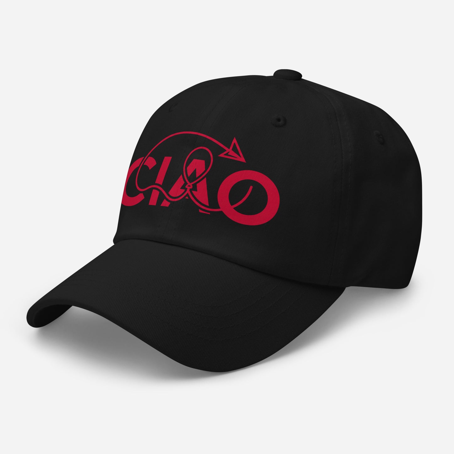 Black cap with red text CIAO 