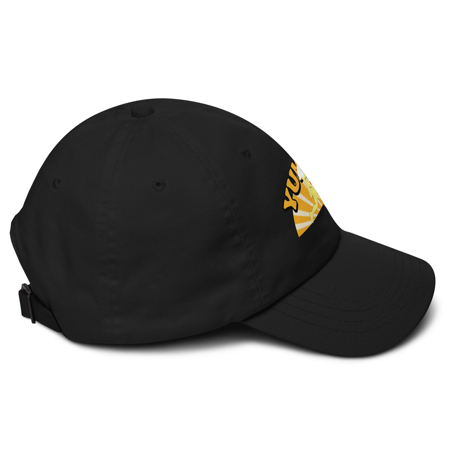 Black cap with a yellow design of YUMMY RUNNER character,right view