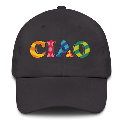 A black dad cap featuring the word 'CIAO' in  the front in vibrant, multicolored patterned letters, set against a plain white background.