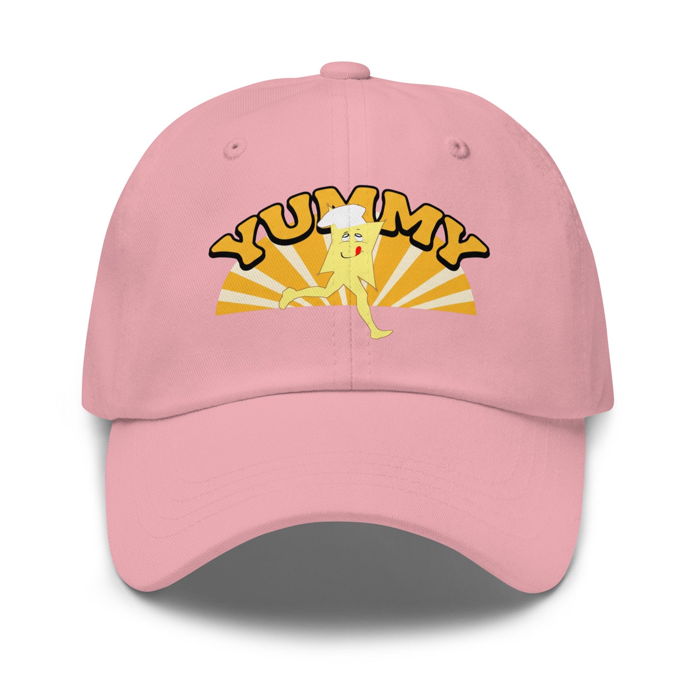 Pink cap with YUMMY character and 'Yummy' text in yellow and black 