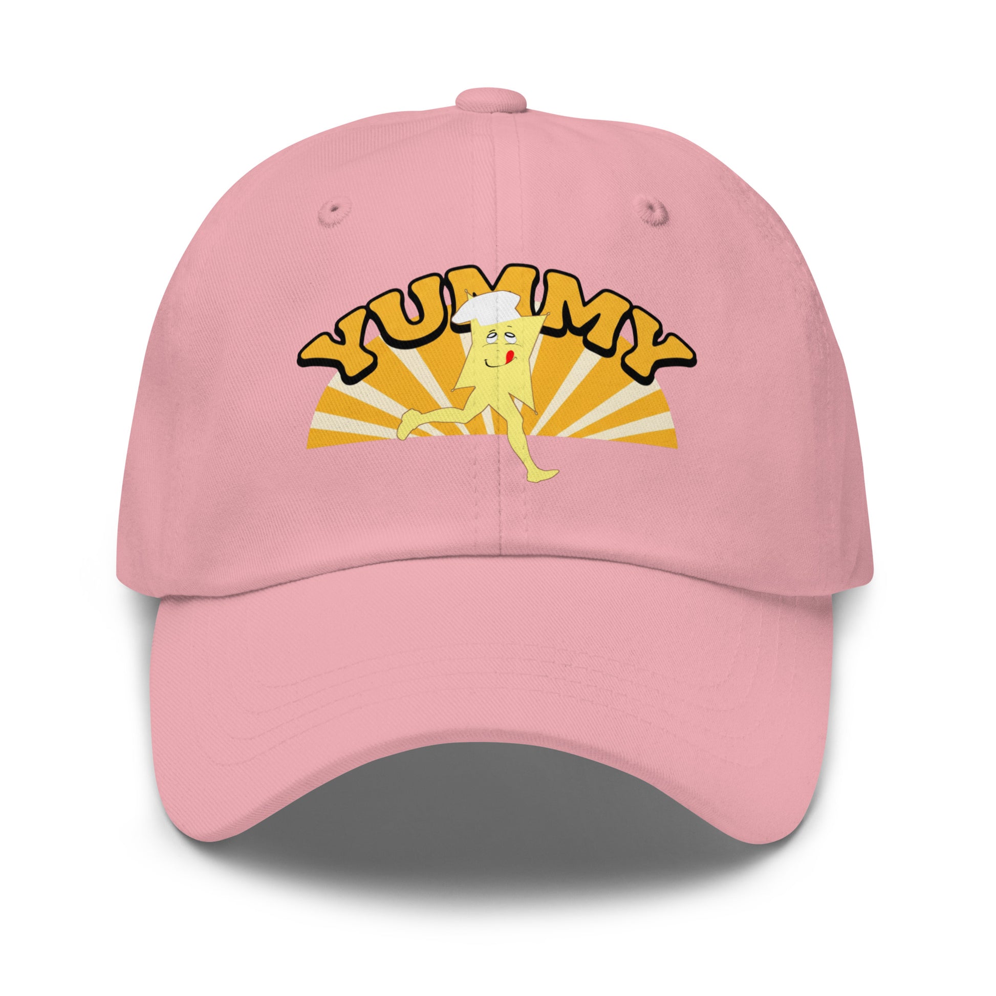 Pink cap with YUMMY character and 'Yummy' text in yellow and black 