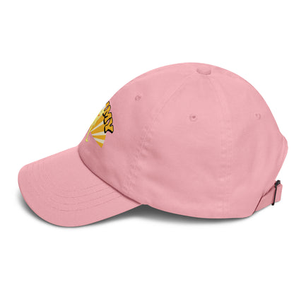 Pink cap with YUMMY RUNNER design in yellow and white,left view