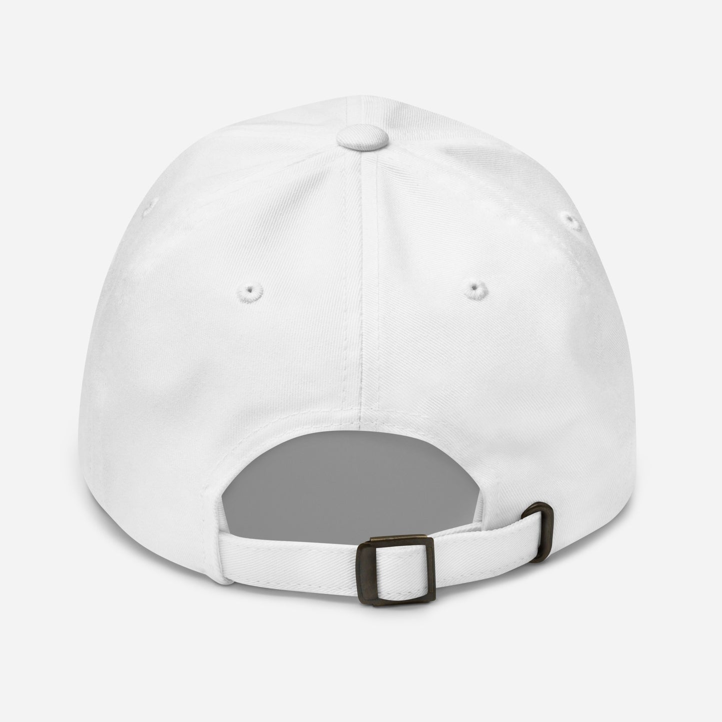White baseball cap with a gray patch on a white background