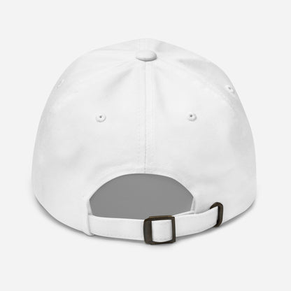 White baseball cap with a gray patch on a white background