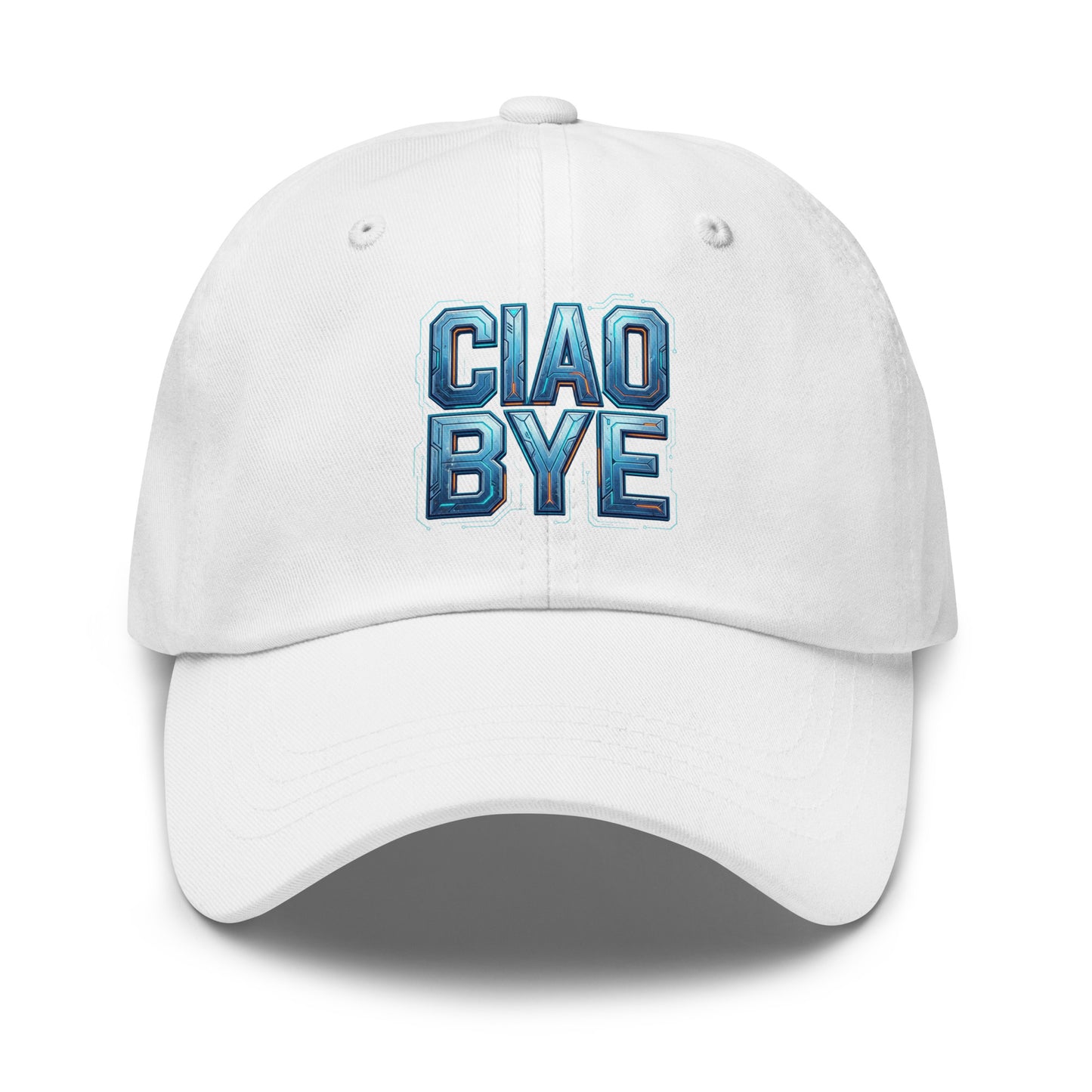 White dad cap with 'CIAO BYE' text in blue 