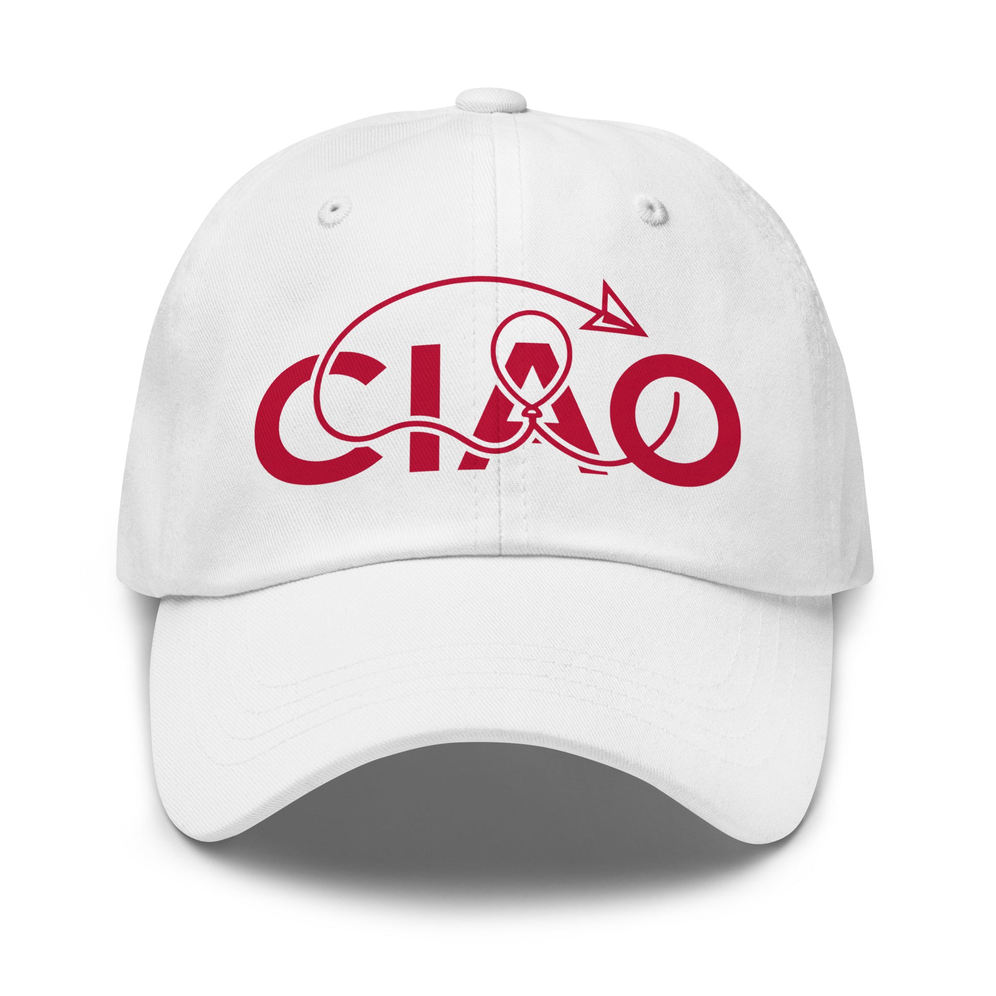 A white baseball cap featuring a red graphic on the front that spells 'CIAO' with a red thread .