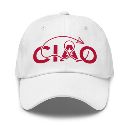 A white baseball cap featuring a red graphic on the front that spells 'CIAO' with a red thread .