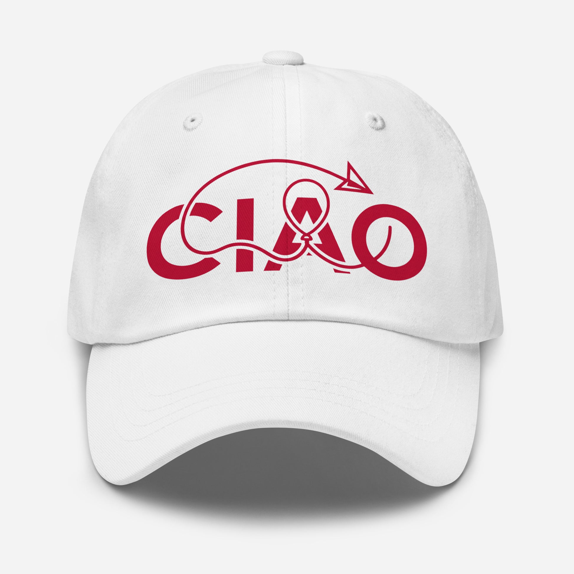 A white baseball cap featuring a red graphic on the front that spells 'CIAO' in a stylized looped font