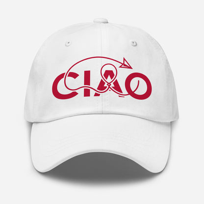 A white baseball cap featuring a red graphic on the front that spells 'CIAO' in a stylized looped font