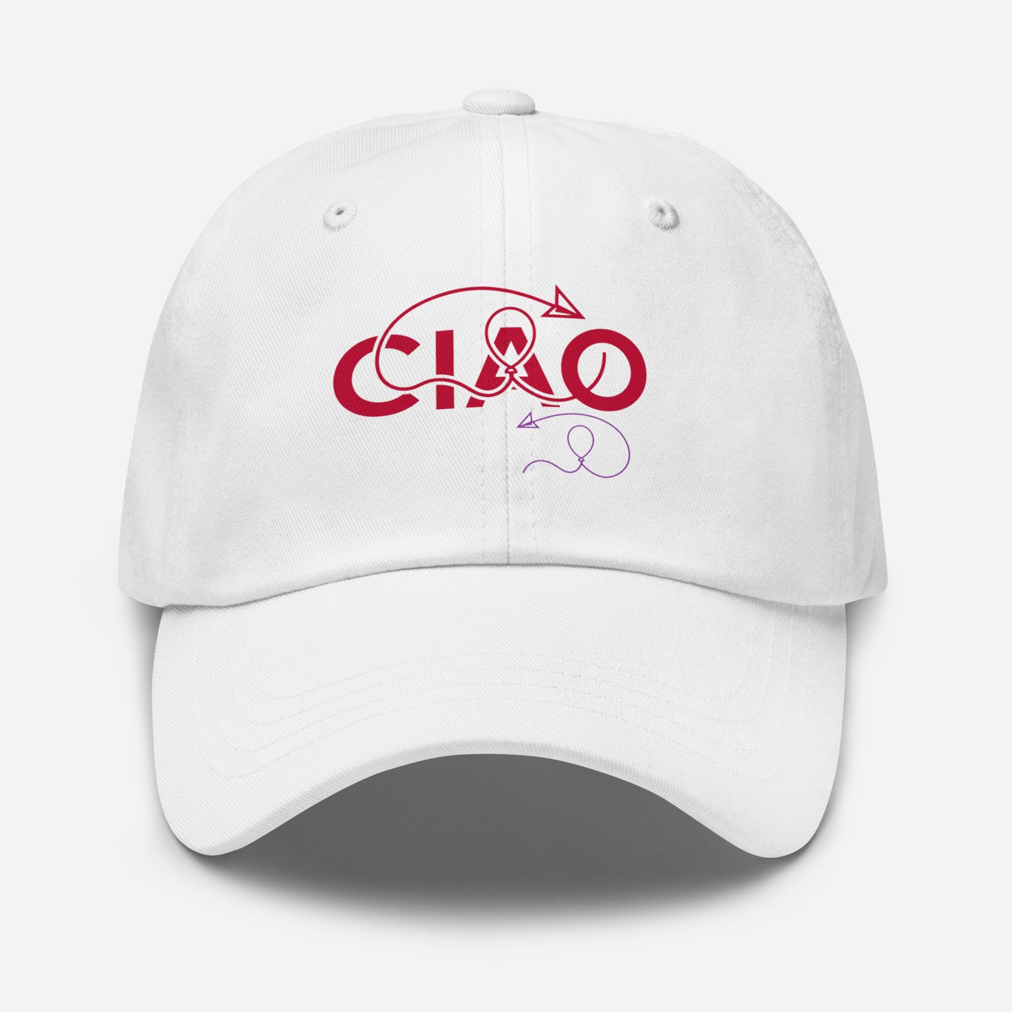 A white baseball cap featuring a red graphic on the front that spells 'CIAO' in stylized letters with a small purple line for BYE