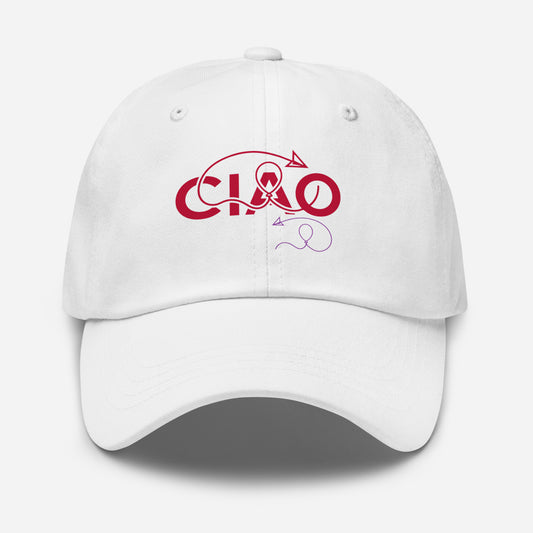 A white baseball cap featuring a red graphic on the front that spells 'CIAO' in stylized letters with a small purple line for BYE
