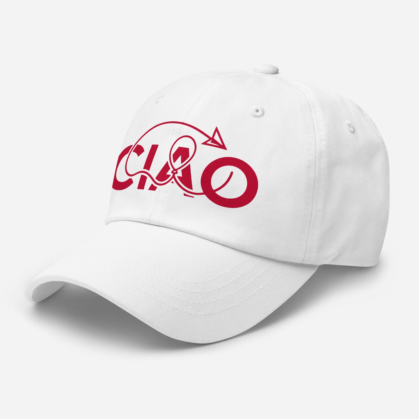 A white dad cap with a red graphic on the front that reads 'CIAO' in stylized lettering, with a red line and an arrow