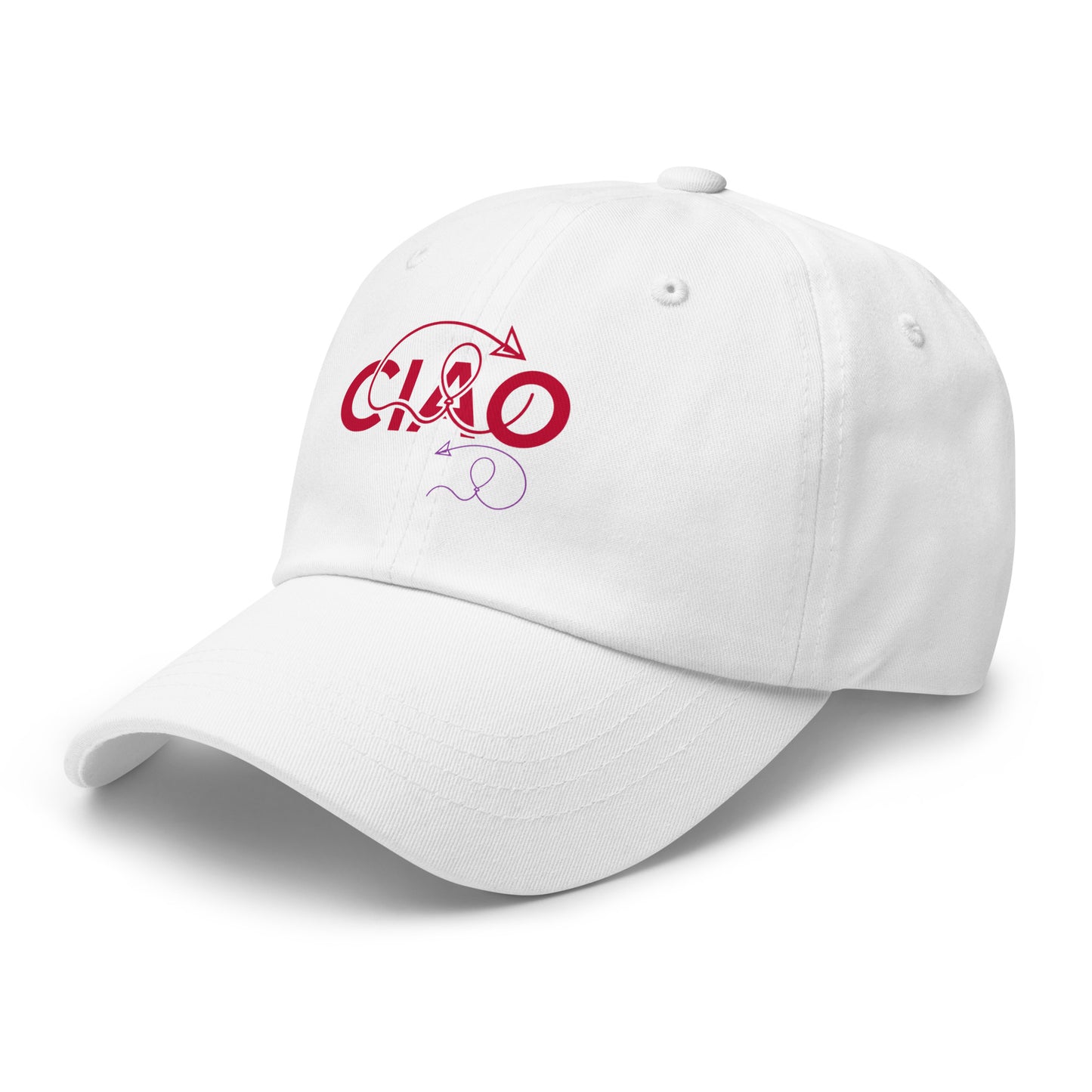 A white baseball cap featuring a red  text CIAOr and a small purple ribbon on the front panel.