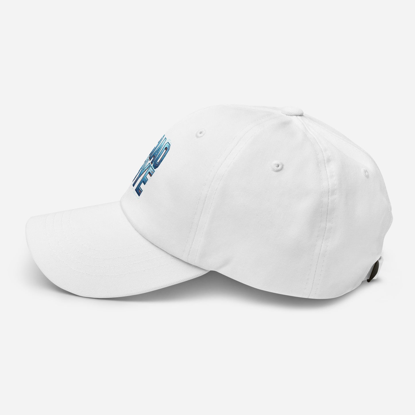 White cap with a blue text Ciao Bye ,side view