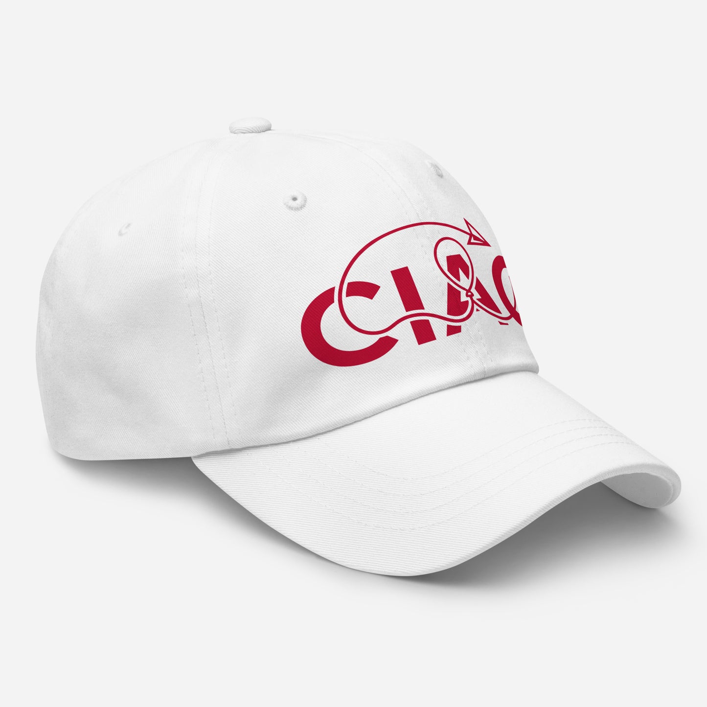 A white baseball cap with a red stylized graphic text CIAO on the front.Side view