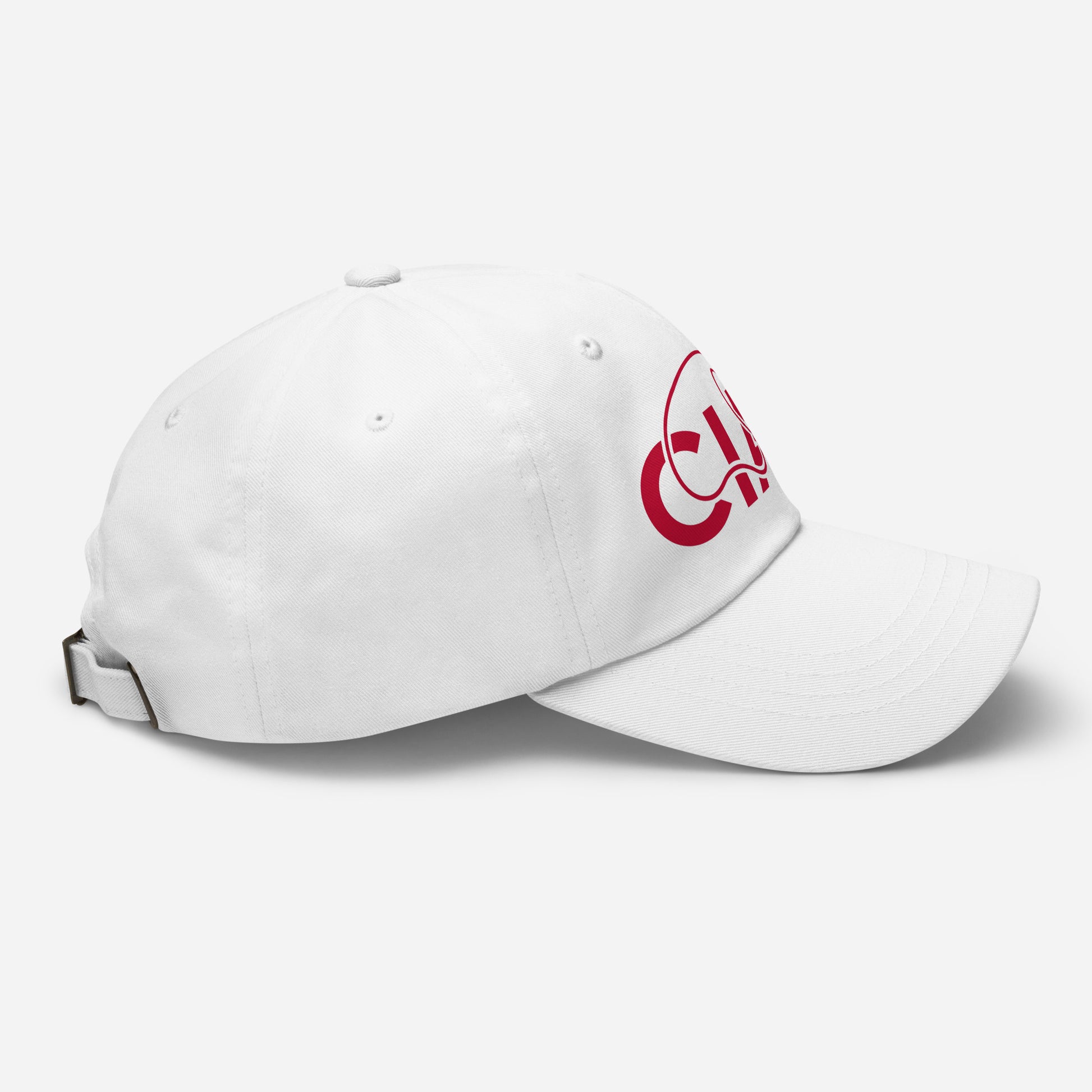 White dad cap with  red text CIAO. Side view