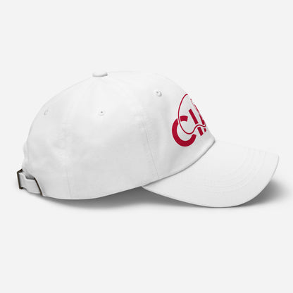 White dad cap with  red text CIAO. Side view