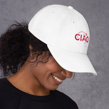 Person wearing a white dad cap with CIAO text in red,the red line for connection and the purple sign of BYE