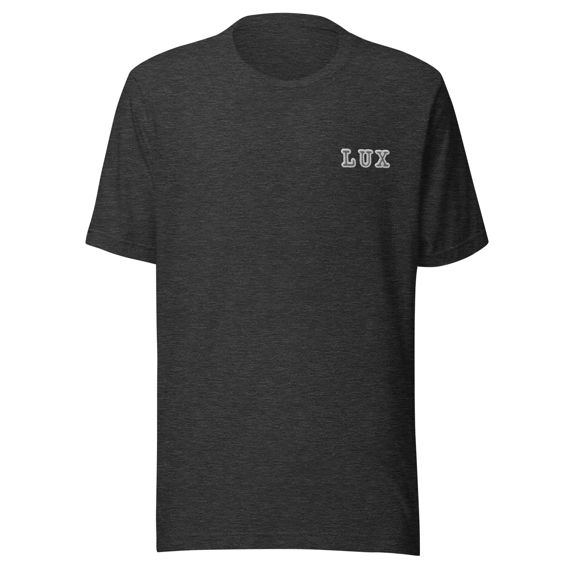 Dark grey t-shirt with the LUX logo on the chest against a white background