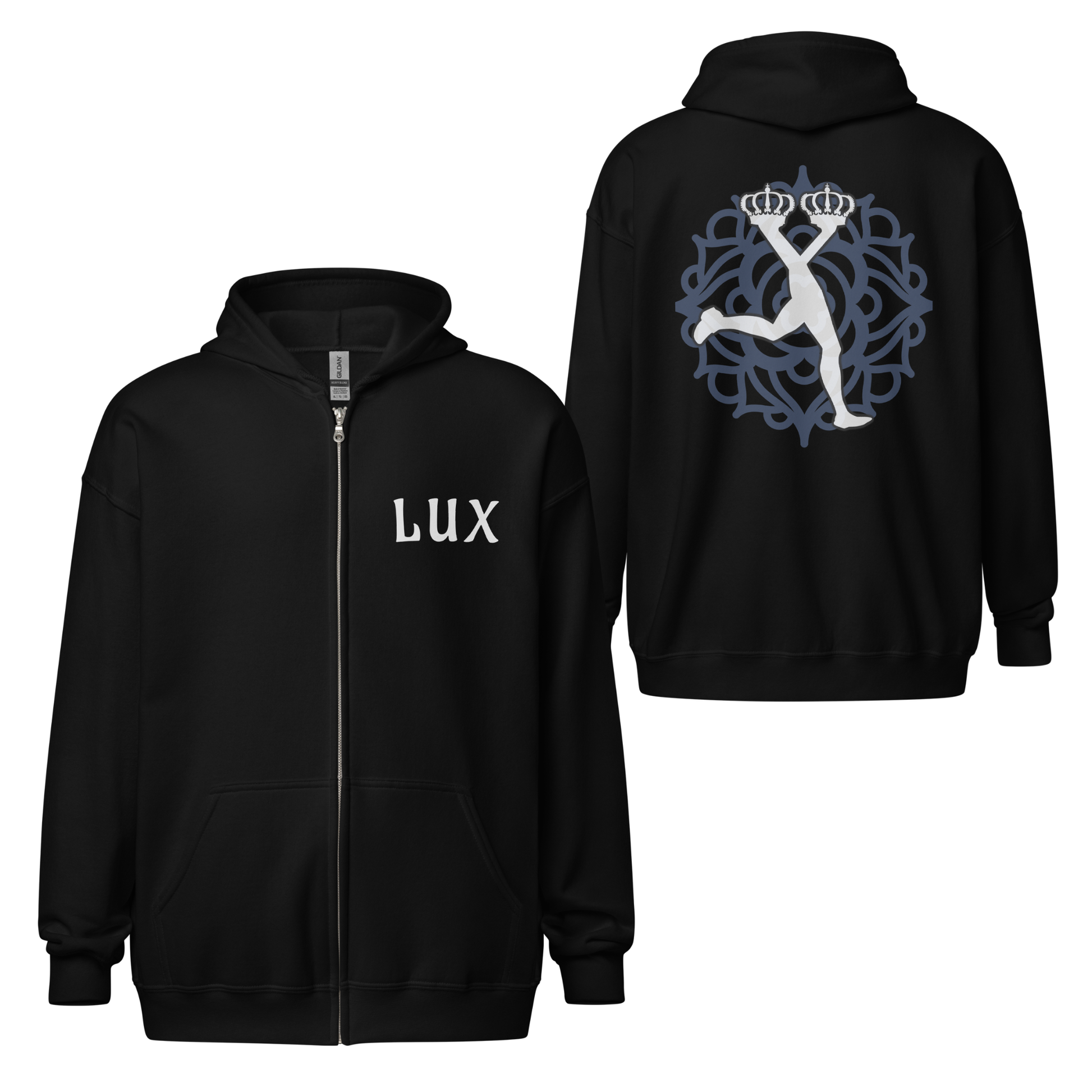 Black hoodie with 'LUX' on front and design on back, on a background with a mandala