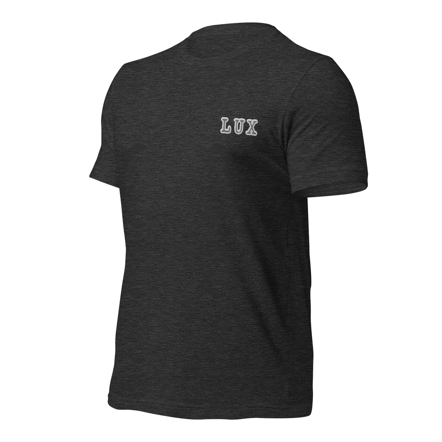 Drak grey tee with LUX text on a white background