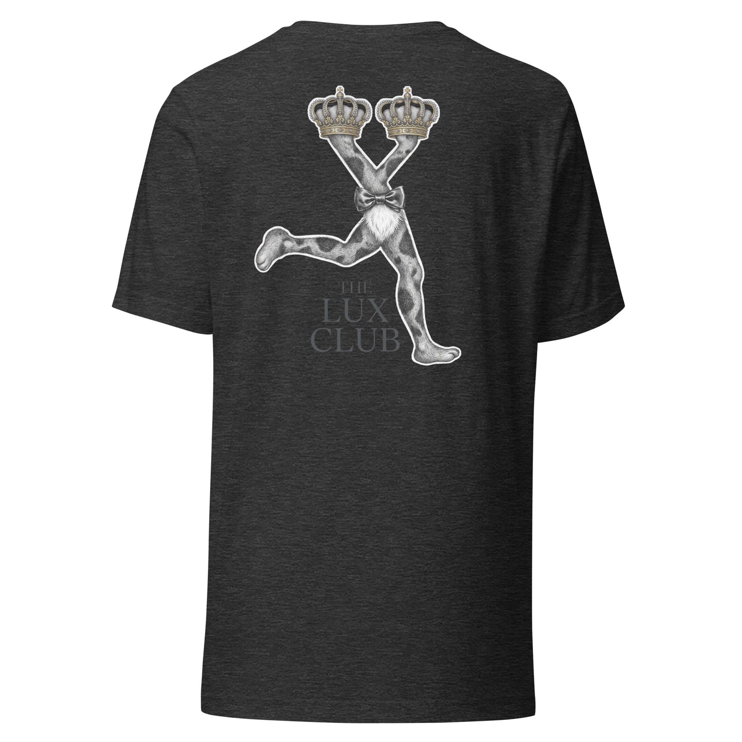 Grey tee with a graphic design on the back on a white background