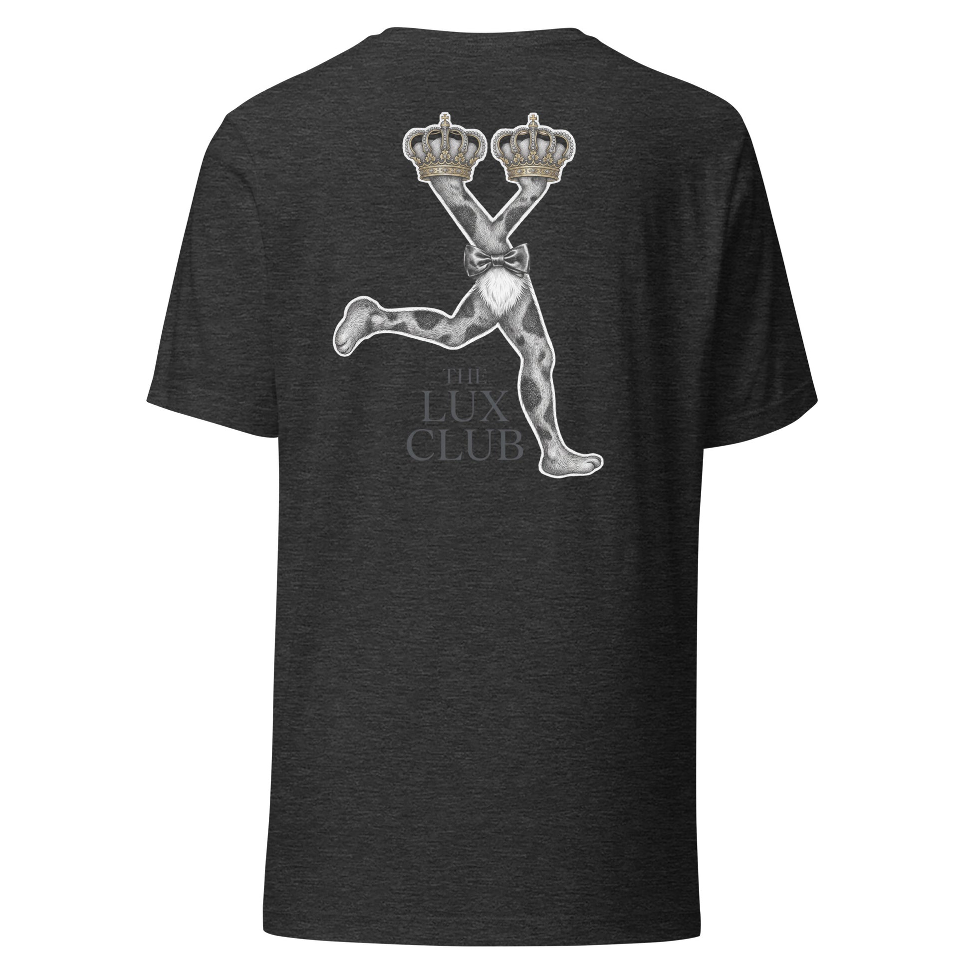 Grey tee with a graphic design on the back on a white background