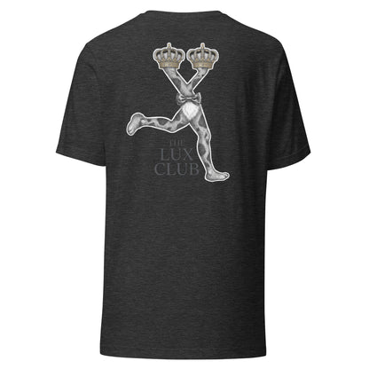 Grey tee with a graphic design on the back on a white background