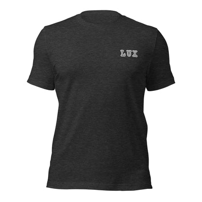 Gray t-shirt with LUX text on the cheast
