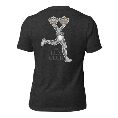 Dark grey t-shirt with 'The Lux Club' design on the back against a white background