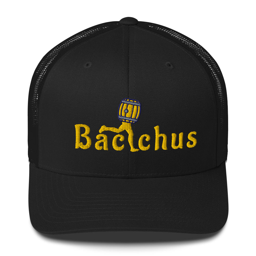 Black Trucker cap with 'Bacchus' character and text "Bacchus"