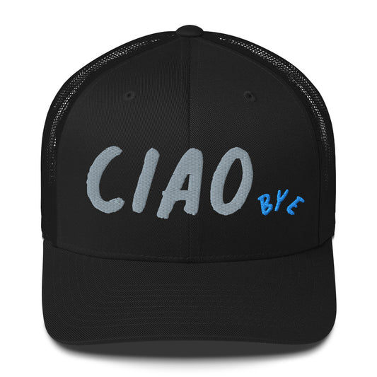 Black trucker hat with text Ciao Bye in grey and blue,Ciaobye brand