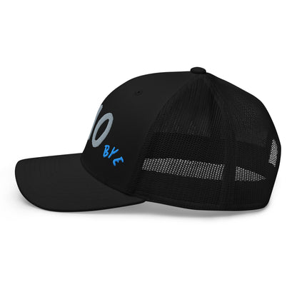 Black trucker cap.Ciao text in grey and Bye in blue,embroidery