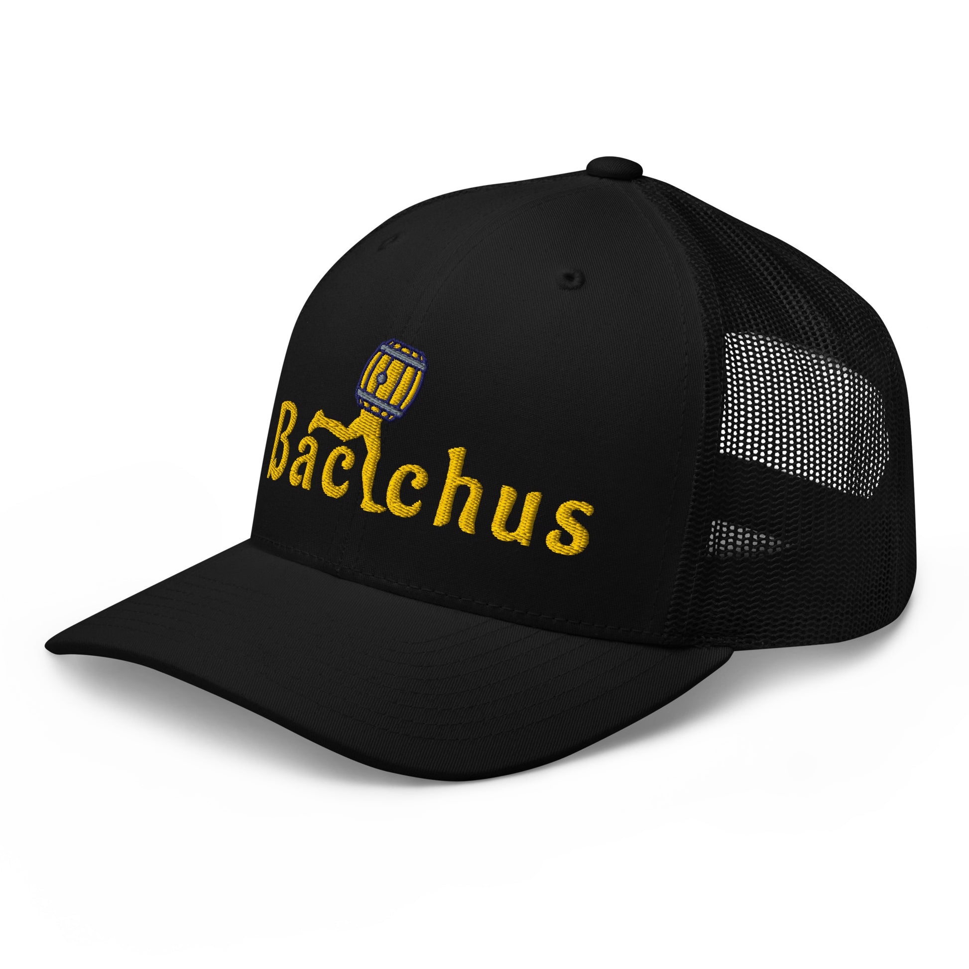 Black Trucke cap with yellow text ,left side view