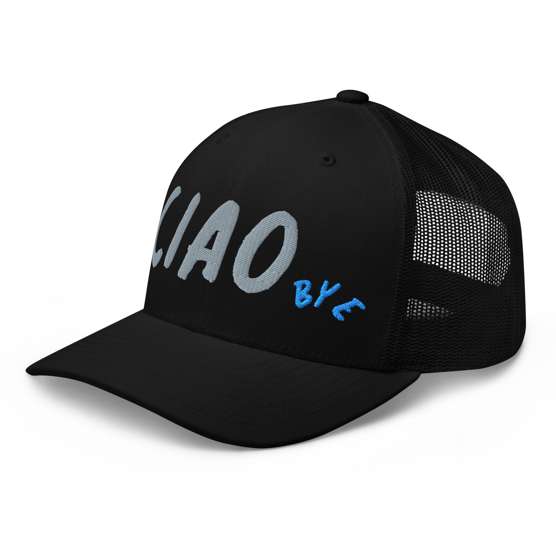 Black trucker hat with text Ciao Bye ,left view