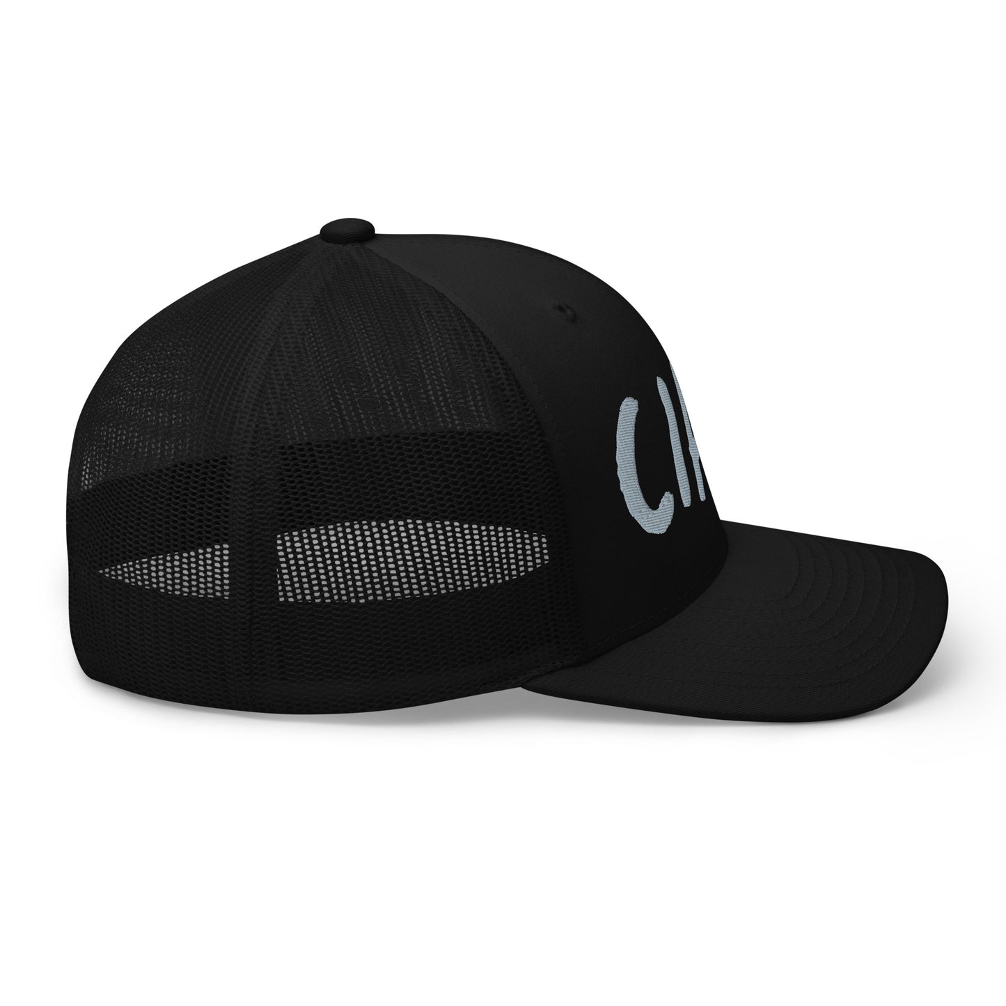 Black trucker hat,embroidery text Ciao Bue,right view