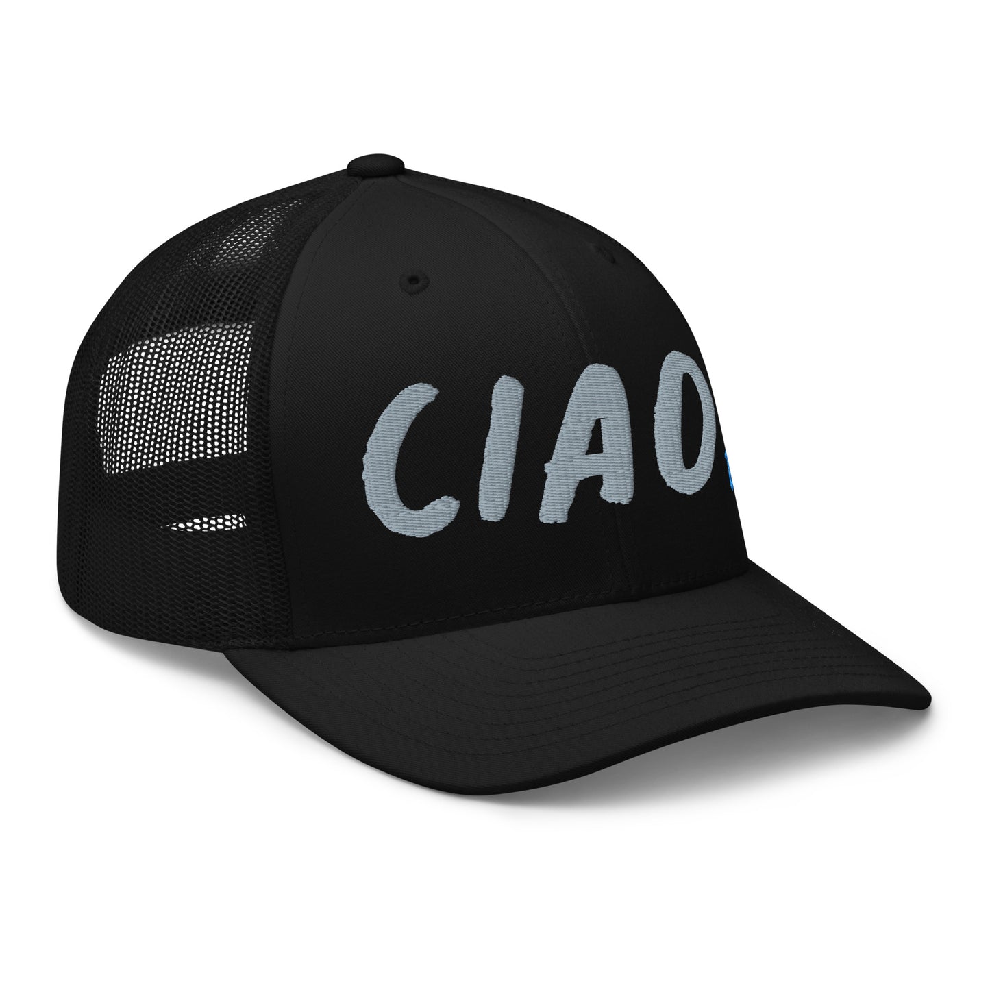 Black Trucker hat ,right view ,text Ciao In grey,embroidery
