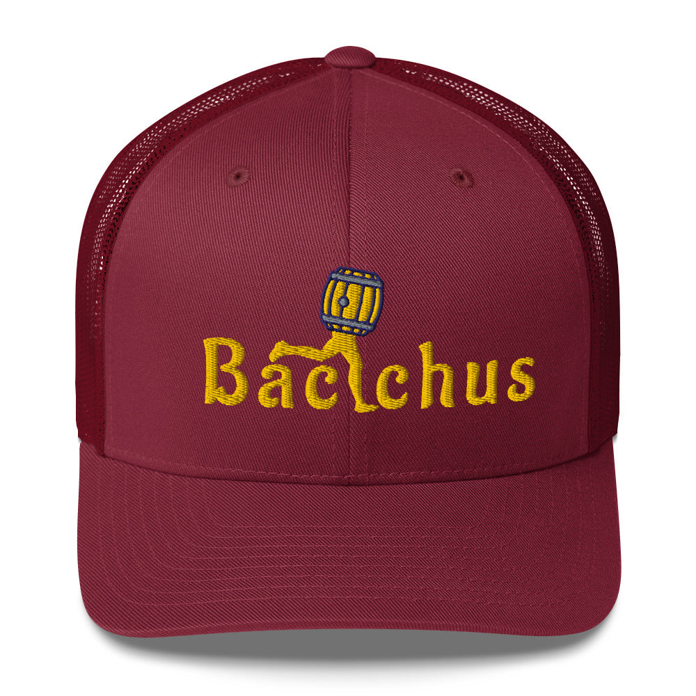 Red trucker cap with 'Bacchus' character and text 