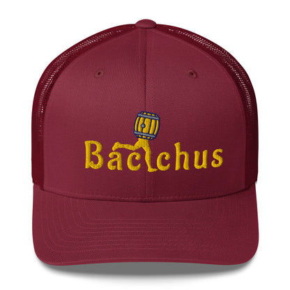 Red trucker cap with 'Bacchus' character and text 