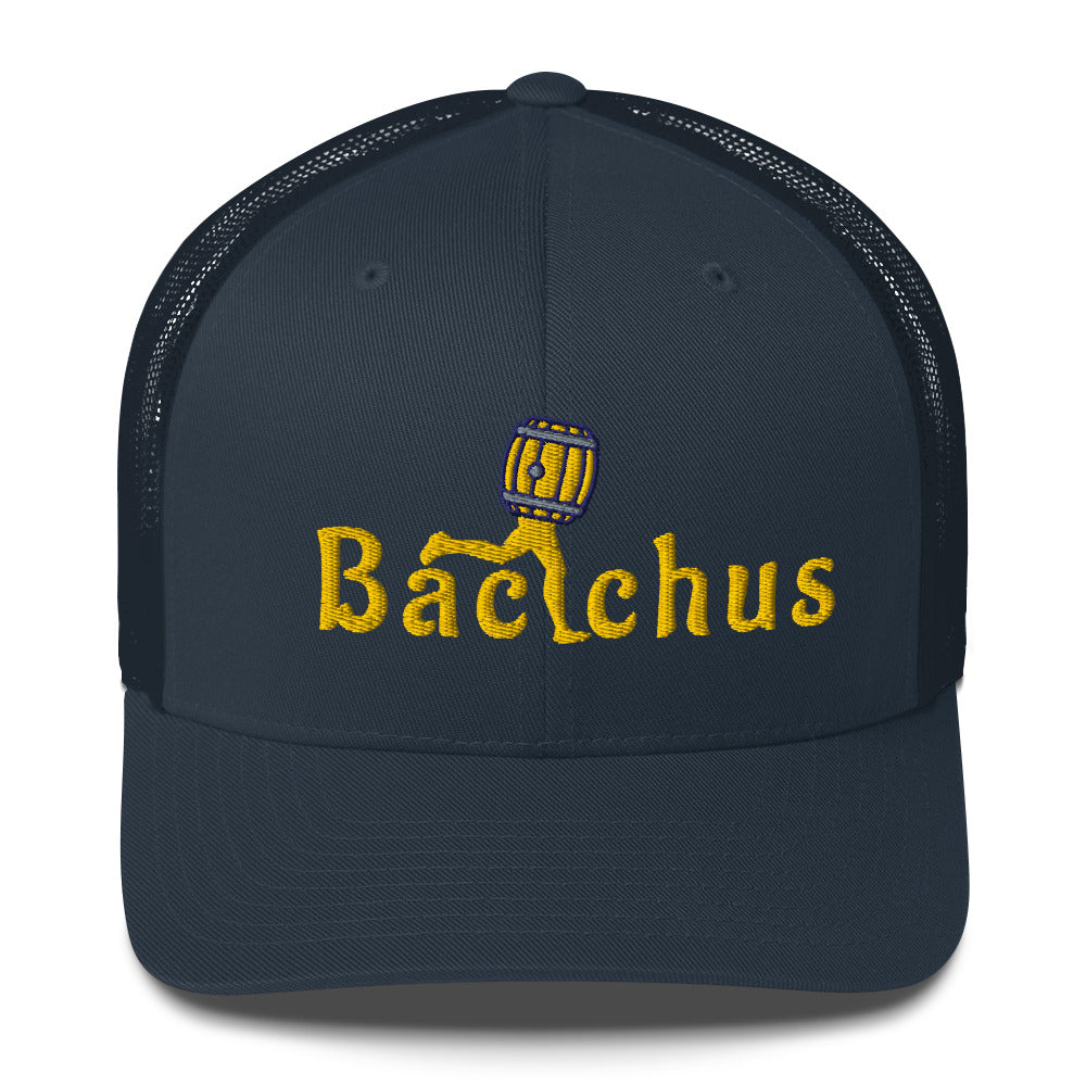 Navy blue cap with 'Bacchus' design and text 