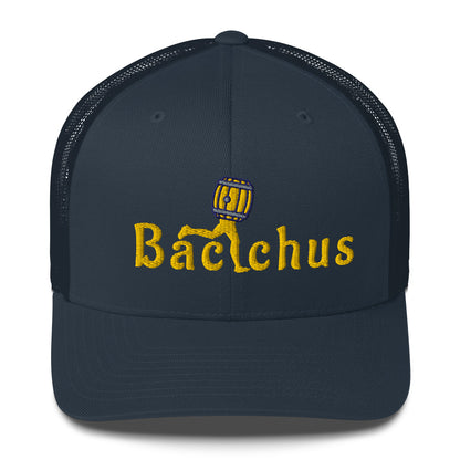 Navy blue cap with 'Bacchus' design and text 