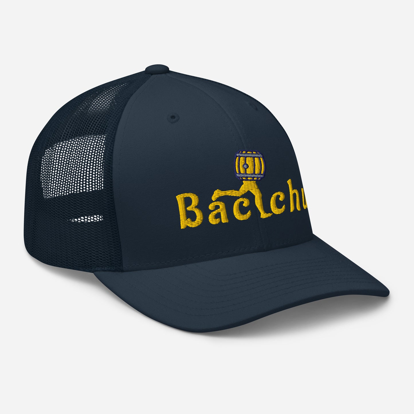 Navy blue trucker cap with gold Bacchus mascotte and text