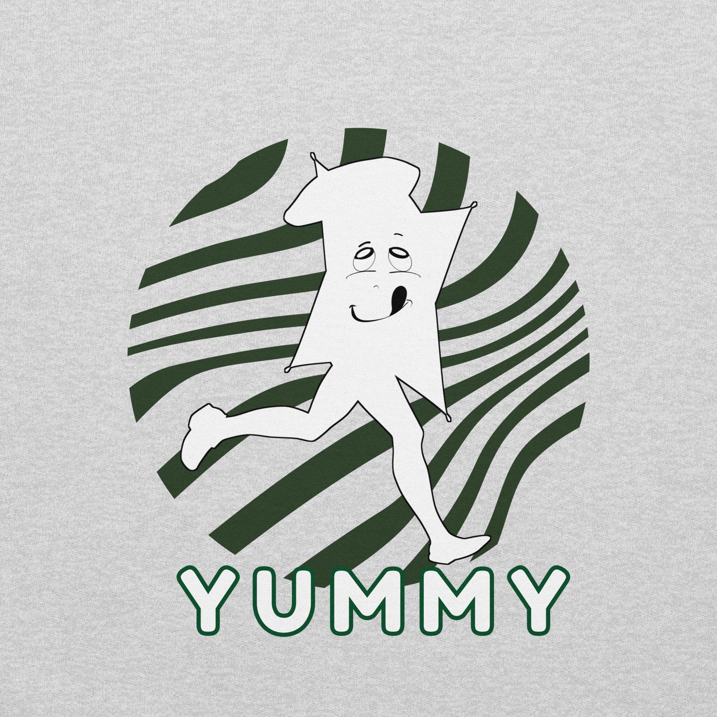 close up of a gray sweatshirt with the cartoon character of Yummy in the white edition and 'YUMMY' text on on a circle with dark green lines as a background