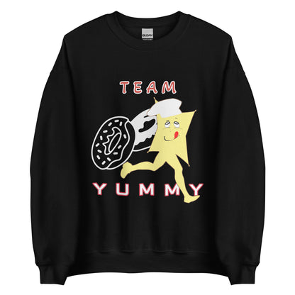 Black sweatshirt with cartoon character Yummy and text 'Team Yummy' on a white background plus donuts